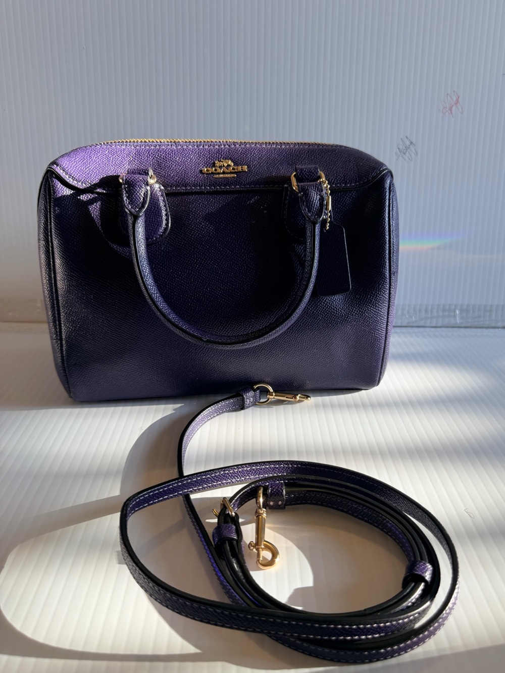 Coach Deep Purple Saffiano Leather Mini Satchel with Gold Hardware